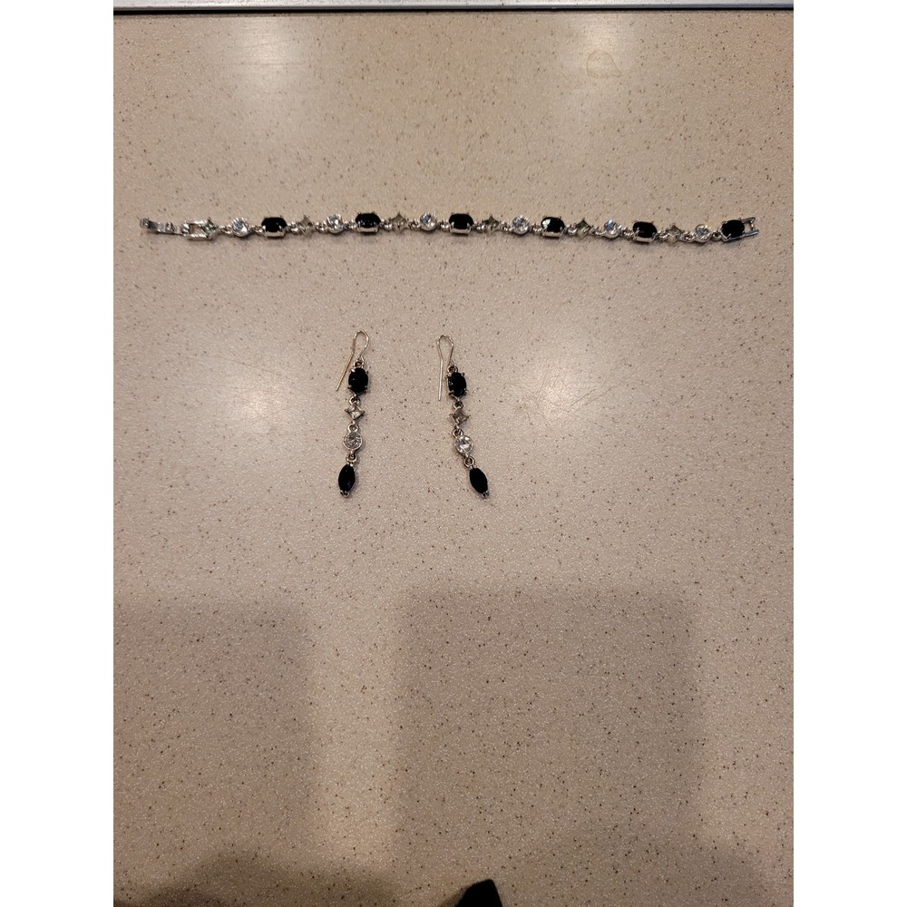 Black‎ Clear Stone Silver Tone Jewelry Set Bracelet Drop Earrings Formal Evening